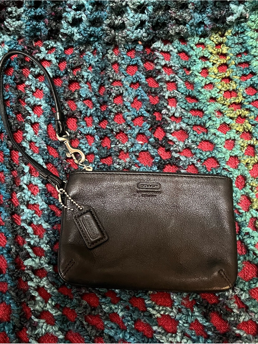 Coach Black Leather Wristlet with Silver Hardware